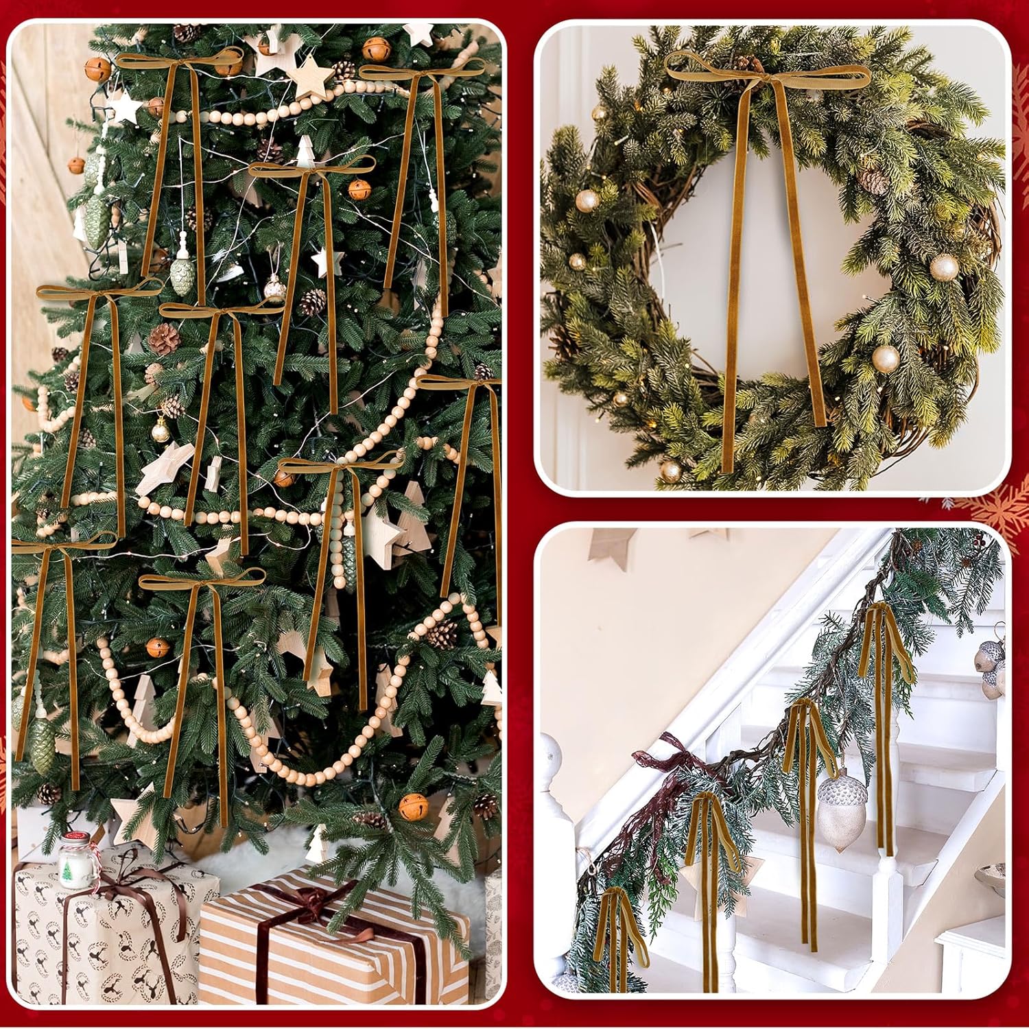Skiennix 24 Pcs Velvet Bows - Vintage Ribbon Bows for Christmas Tree & Crafts | Khaki, 9 x 13 Inch