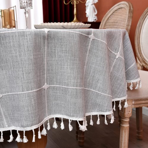 Monibana Plaid Farmhouse Gray Oval Tablecloth Cotton Linen Heavy Weight Checkered Table Covers Cloths for Dining Room Kitchen Tabletop Decoration, 54x72 Inch