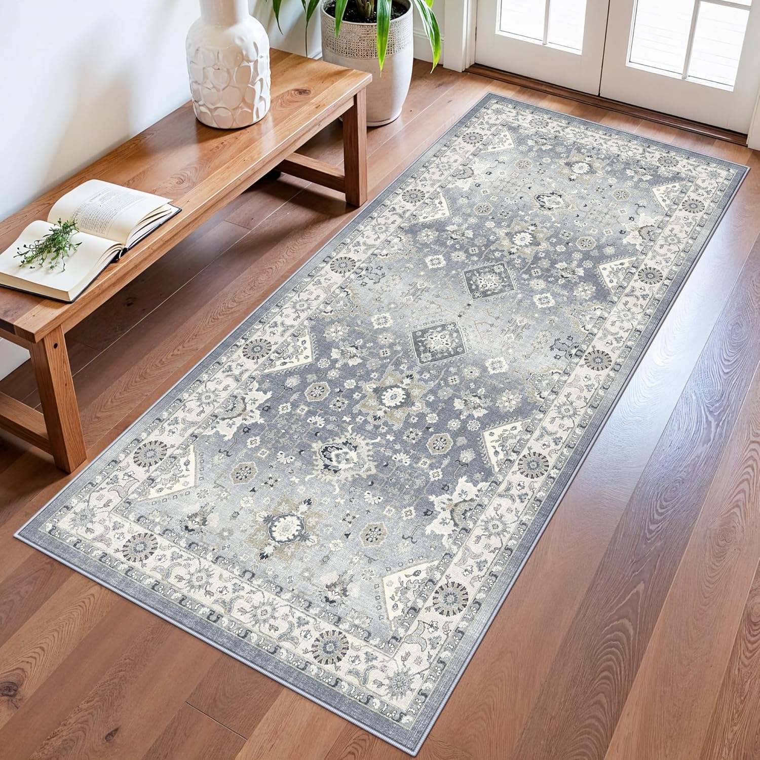 Skiennix 3x6 Vintage Washable Runner Rug - Non-Slip Soft Carpet for Kitchen & Entryway | Grey