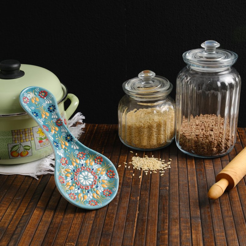 Handmade Spoon Rest, Ceramic Spoon Rest for Stove Top, 10" Spoon Rest for Kitchen Counter, Dishwasher Safe Spoon Holder for Stove, Housewarming Gifts Utensil Rest, Colorful Spoon Rests (Turquoise)