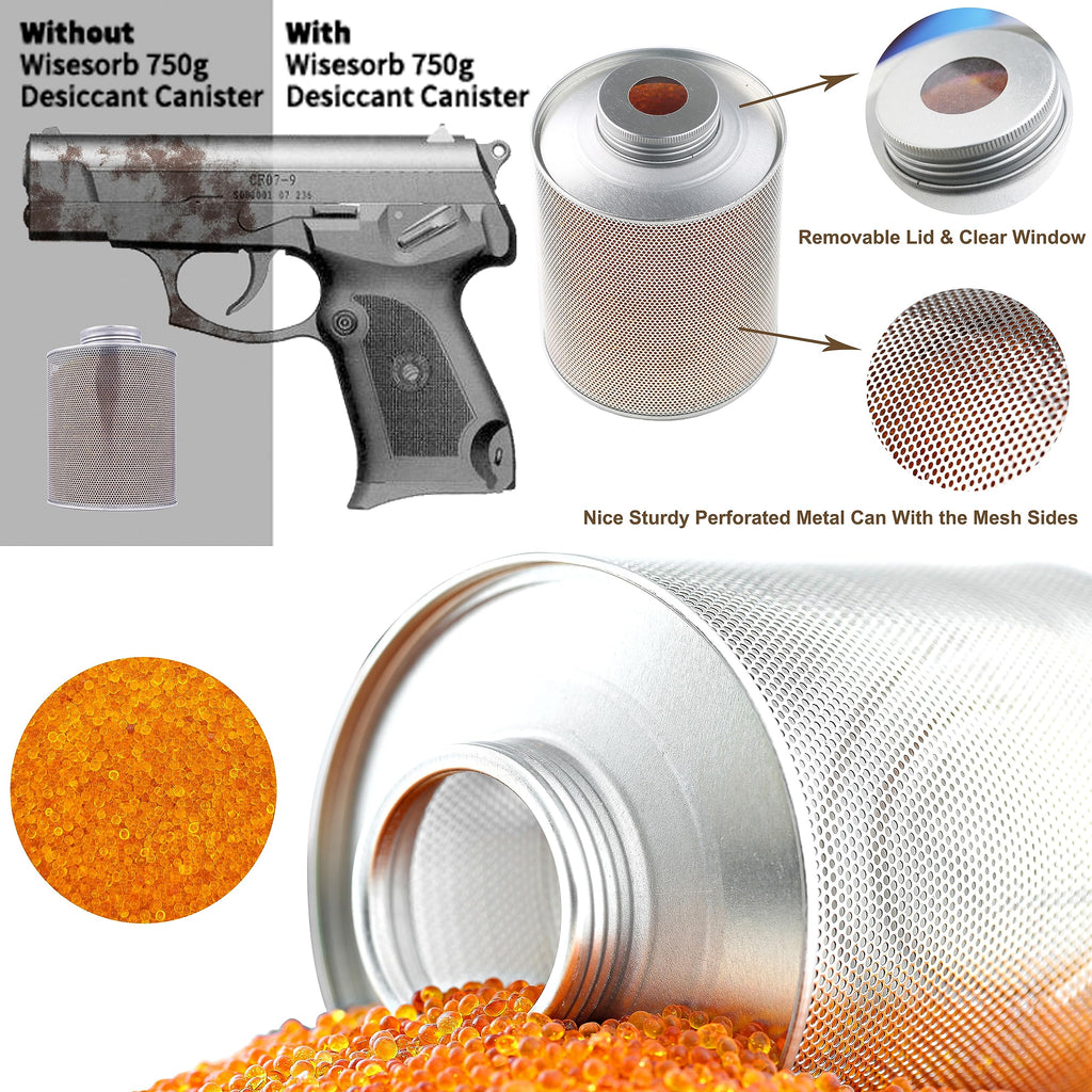 Wisesorb 750 Grams 3 Pack Gun Safe Dehumidifier, Reusable Canister Desiccant Dehumidifier, Rechargeable 1.65 Lbs Indicating Silica Gel Orange To Green, Pack of 3