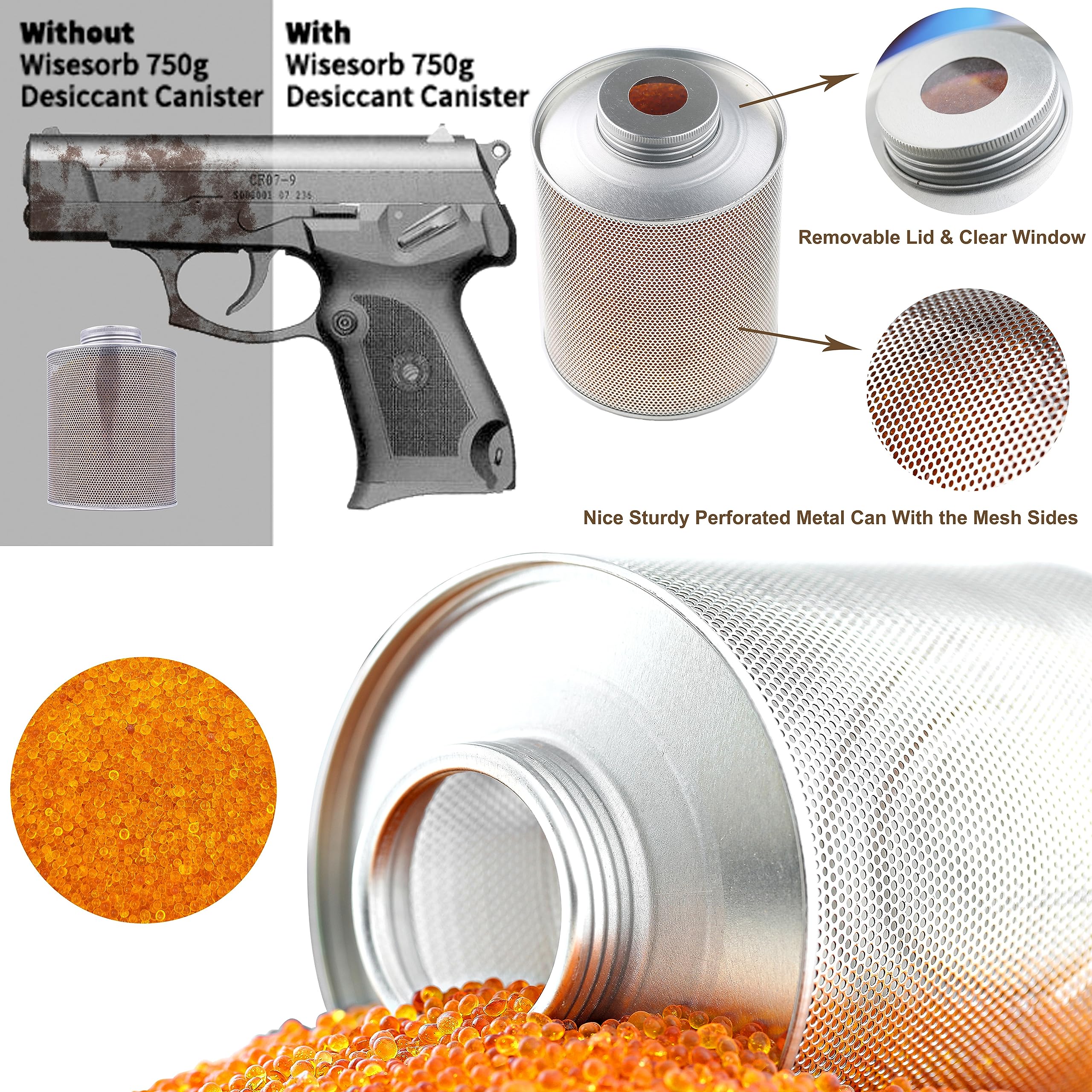 Wisesorb 750 Grams 3 Pack Gun Safe Dehumidifier, Reusable Canister Desiccant Dehumidifier, Rechargeable 1.65 Lbs Indicating Silica Gel Orange To Green, Pack of 3
