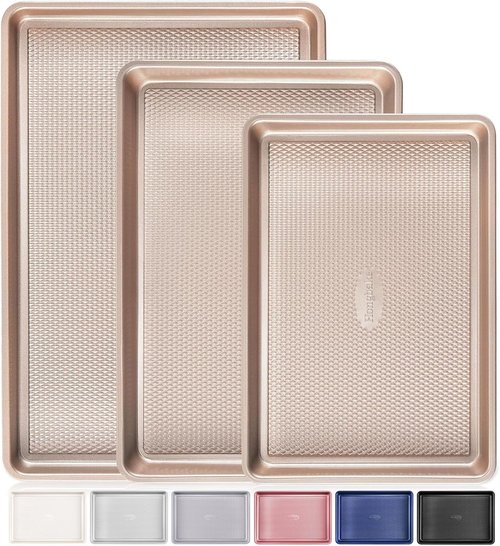 HONGBAKE Nonstick Baking Sheet Pan Set - 3 Heavy-Duty Cookie Sheets with Diamond Texture | Champagne Gold
