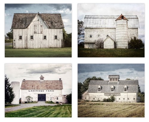 Lisa Russo Fine Art - Barn Landscape Pictures for Country Farmhouse Wall Decor - Set of 4 - Not Framed - White, Blue, Green (4 8x10 Prints Only)
