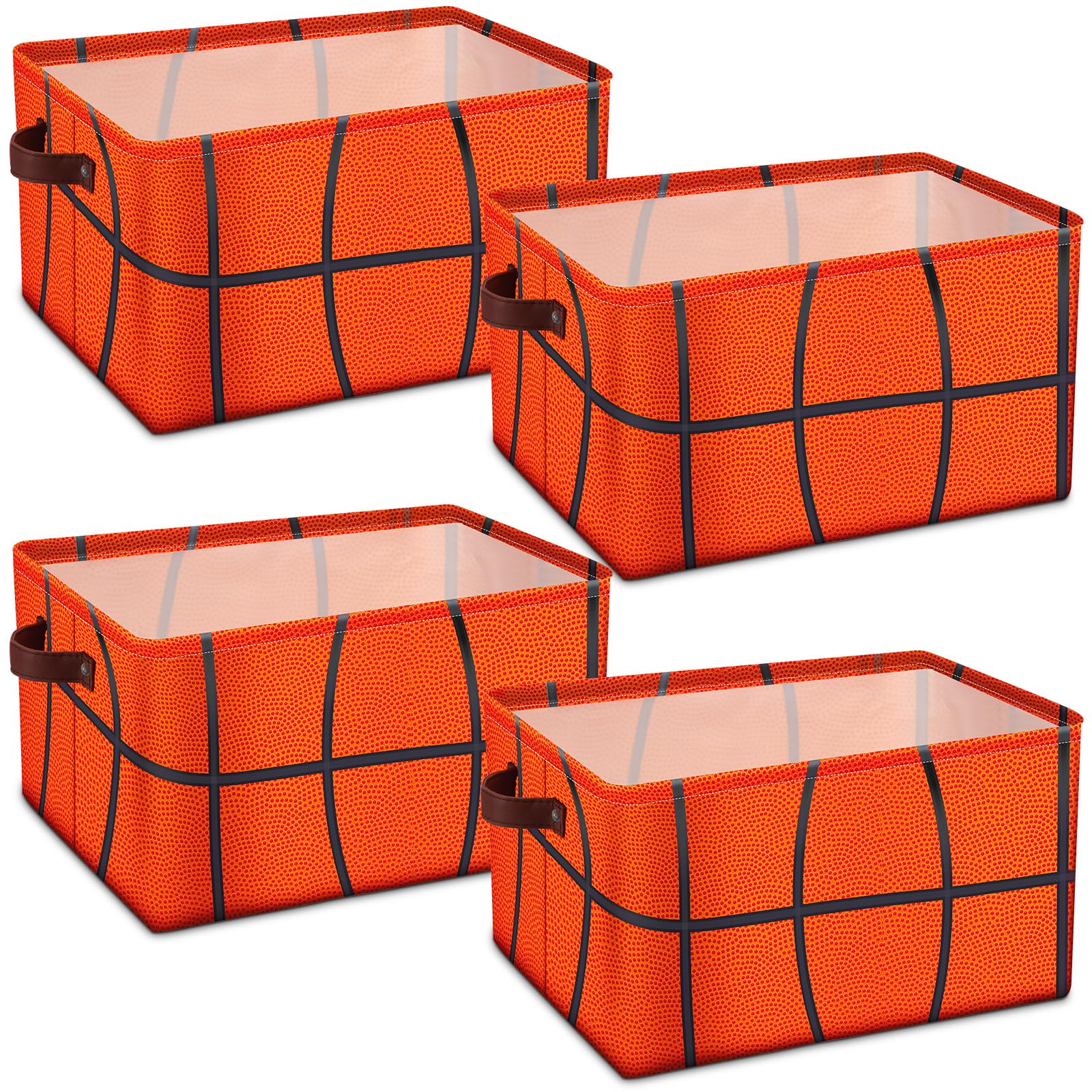Bokon 4 Pcs Sports Ball Storage Basket Bin Fabric Toys Storage Cube with Handles Collapsible Closet Shelf Cloth Organizer Basket for Nursery Kids Boys Bedroom (Basketball)