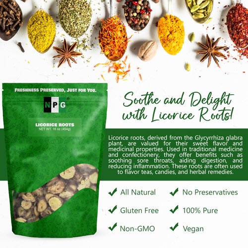 NPG Licorice Root Slices 16 Oz, Gan Cao Slice Root for Home Tea, Traditional Chinese Herbal Tea, Ingredient for Baking, Beverage Mix, Pure Liquorice Flavor, Resealable Bag for Freshness