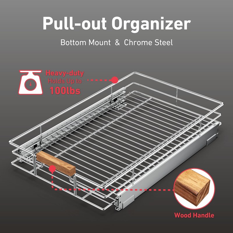 Mount Walker Pull Out Cabinet Organizer(14" W x 21" D), 2 Tier Slide Out Shelves with Wood Handle, Sliding Drawer Pull Storage Shelf for 15-1/4” Cabinet Opening, Chrome