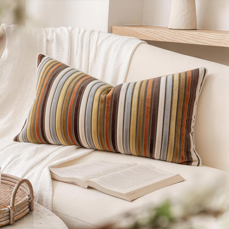 PANOD Modern Long Lumbar Throw Pillow Cover 14 x 24,Luxury Soft Velvet Pile Long Lumbar Throw Pillow for Bed Sofa Couch Livingroom Farmhouse,Yellow and Brown Decorative Boho Long Lumbar Pillow Case