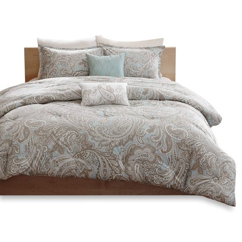 Madison Park Pure Ronan Cotton Comforter Set-Casual Paisley Design All Season Alternative Down Cozy Bedding, Matching Shams, Decorative Pillows, Full/Queen (88 in x 92 in), Blue, 5 Piece