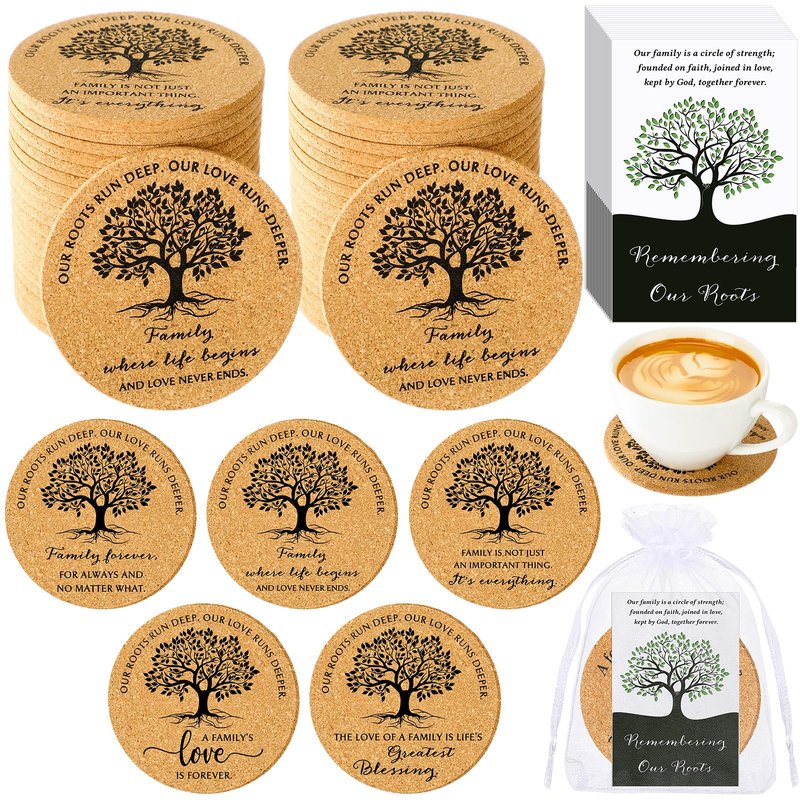 Teenyyou 25 Set Family Reunion Favors Include Our Roots Run Deep Our Love Runs Deeper Cork Coaster Absorbent Cork Mat with Card Organza Bag Summer Party Gift for Gathering Picnic