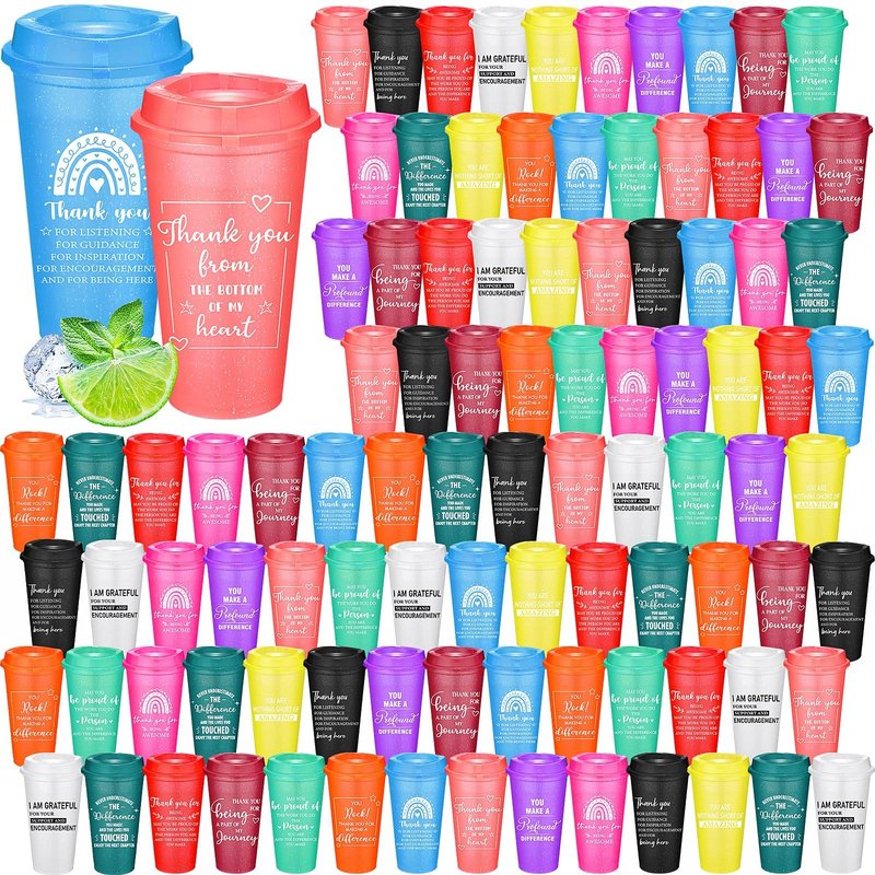 Skylety 96 Pcs Thank You Gifts 16 oz Coffee Cups Bulk Employee Appreciation Gift Inspirational Tumbler with Lid Reusable Plastic Coffee Cup for Coworker Staff Women Teacher (Classic Colors)