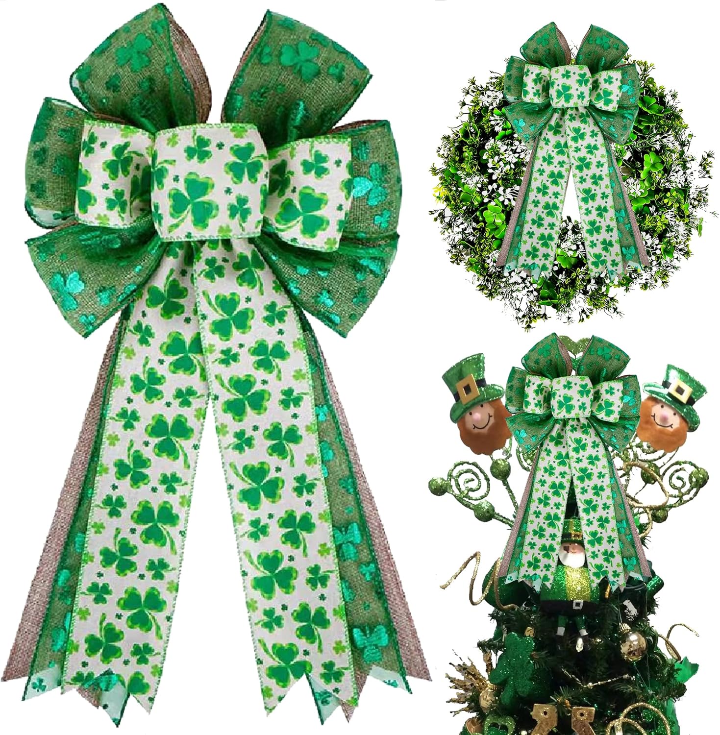 Skiennix St. Patrick's Day Bow - Large Burlap Green Glitter Shamrock Wreath Decoration | Irish Holiday Decor