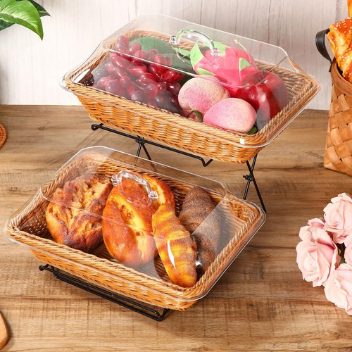 Ziliny 2 Pack Wicker Bread Basket for Serving, Imitation Rattan Bread Basket with Acrylic Lid and Metal Display Stand Rectangle Woven Fruit Basket with Cover for Food Display Tabletop 13.78 x 9.84''