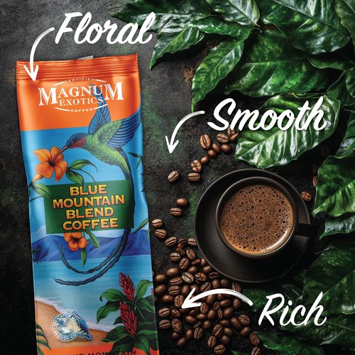 Magnum Exotics Coffee, Blue Mountain Blend - Light-Medium Roast, Whole Bean, Made from 100% Arabica Beans, Rich & Smooth Flavor, Fresh Roast - Blue Mountain Blend, 1 Lb (Pack of 1)