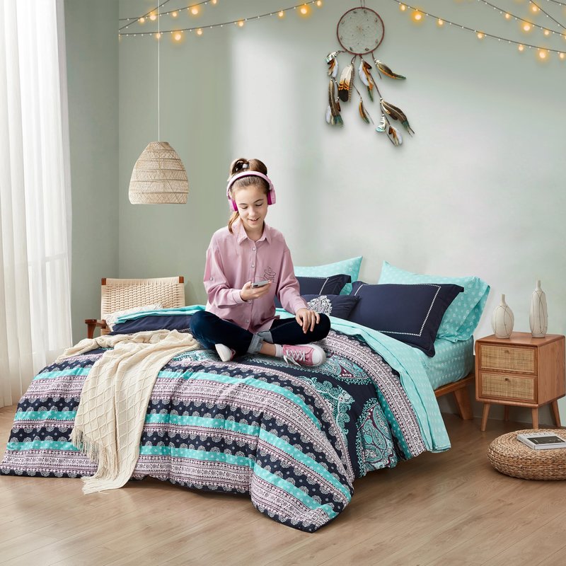 Degrees of Comfort Teen Twin Complete Comforter Sets for Girls, Boho Medallion Tween Bed in A Bag 6 Piece, Blue Microfiber Bedding Set with Sheets, Matching Decorative Pillow