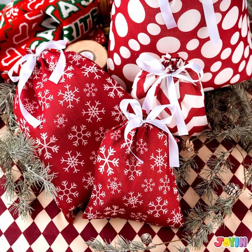 JOYIN Fabric Gift Bags - Elegant Red Design | 6-Piece Set in 3 Sizes for Holiday Present Giving