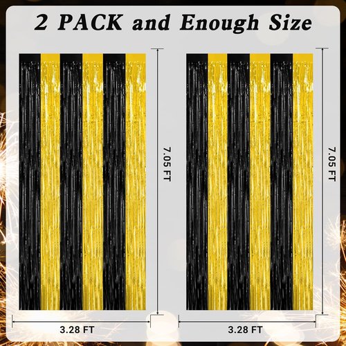 2 Pack Black and Gold Foil Fringe Curtains by [Brand Name] - Graduation Backdrop 3.28 FT x 7.05 FT | Class of 2026 Party Decorations