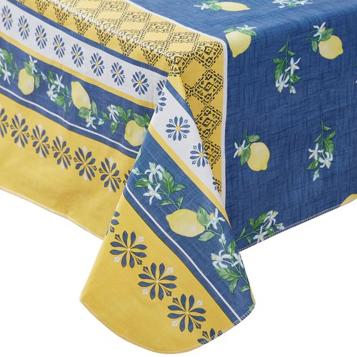 Home Bargains Plus Spring French Country Lemon Grove Vinyl Tablecloth with Flannel Backing, 52 x 70 Inch Rectangle, Blue and Yellow Citrus Lemon Print, Easy Care Wipe Clean Indoor Outdoor Table Cover