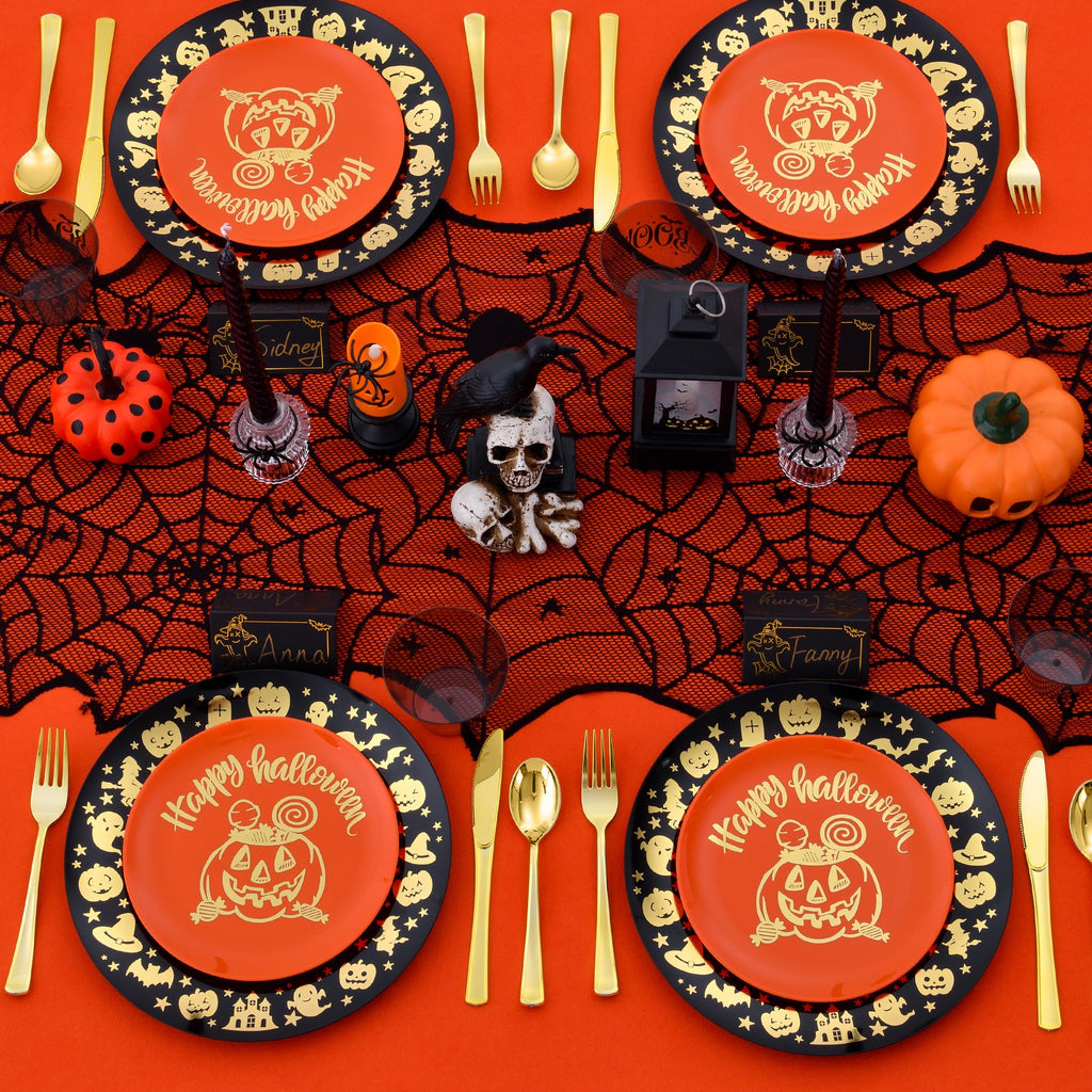 ISFANGCO 175Pcs Halloween Plastic Spoof Dinnerware Set for 25 Guests, 25 Black Plastic Dinner Plates, 25 Pumpkin Orange Dessert Plates, 25 Gold Boo Black Cups, 25 Gold Silverware Set and Cards
