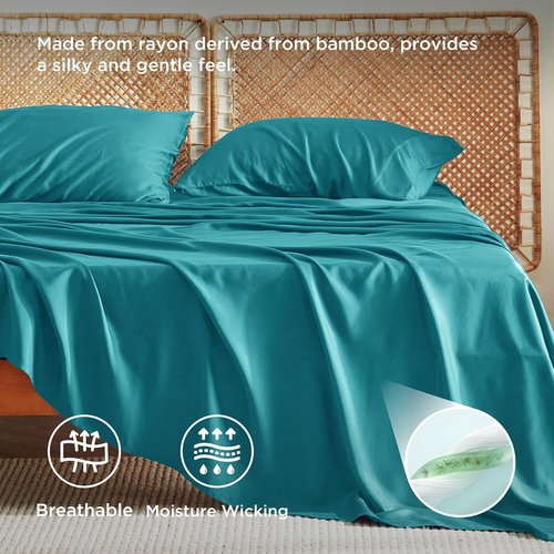 Bedsure Cooling California King Sheet Set - Breathable Rayon from Bamboo, Deep Pocket Up to 16 Inches, Turquoise