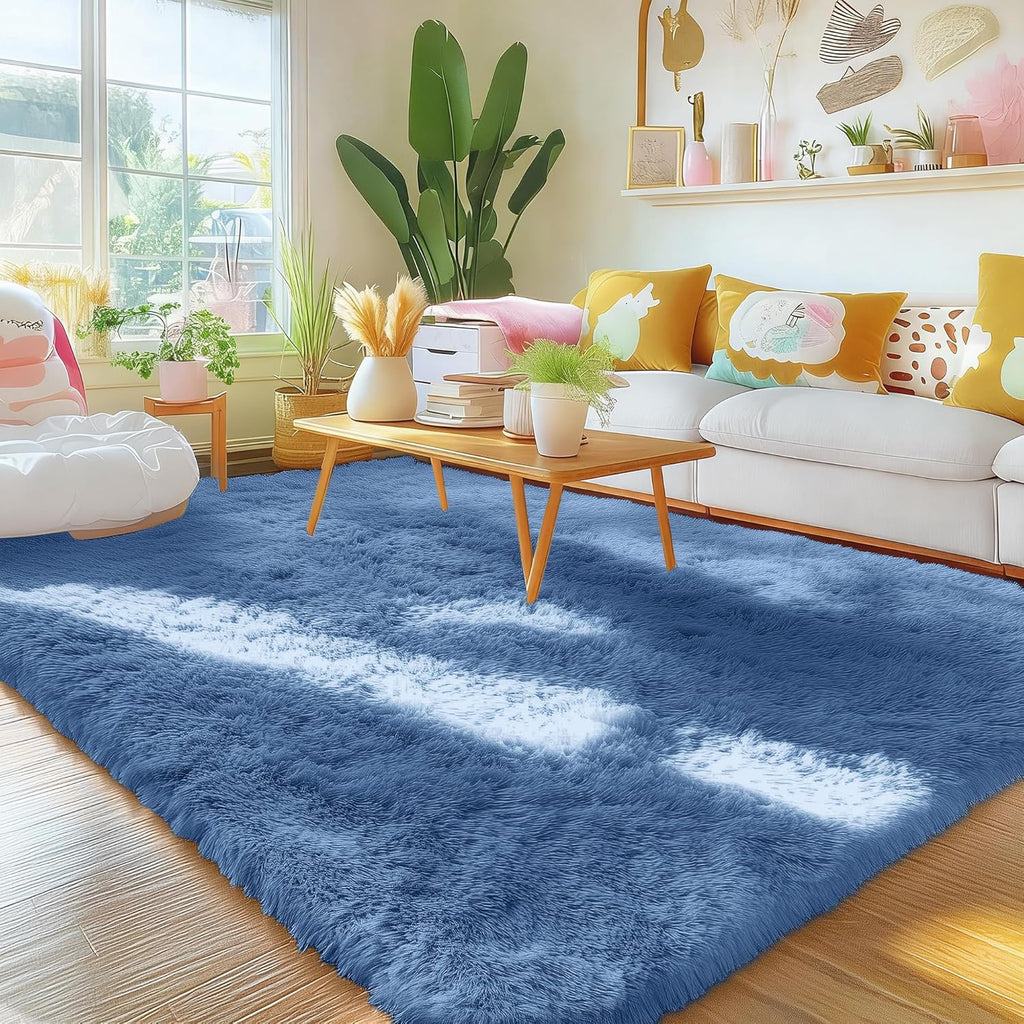 OLANLY Area Rugs - Soft Fluffy Shaggy Indoor Carpet for Living Room & Bedroom | Machine Washable 4x5.9 ft, Blue