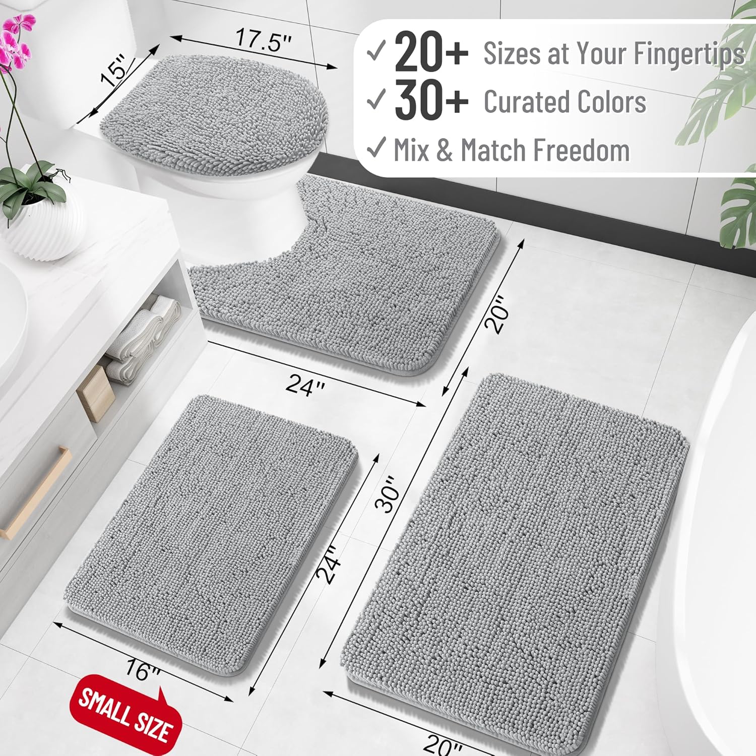 OLANLY Bath Rugs - Extra Soft Chenille with Rubber Backing | Quick Dry, Machine Washable, 30x20, Light Grey