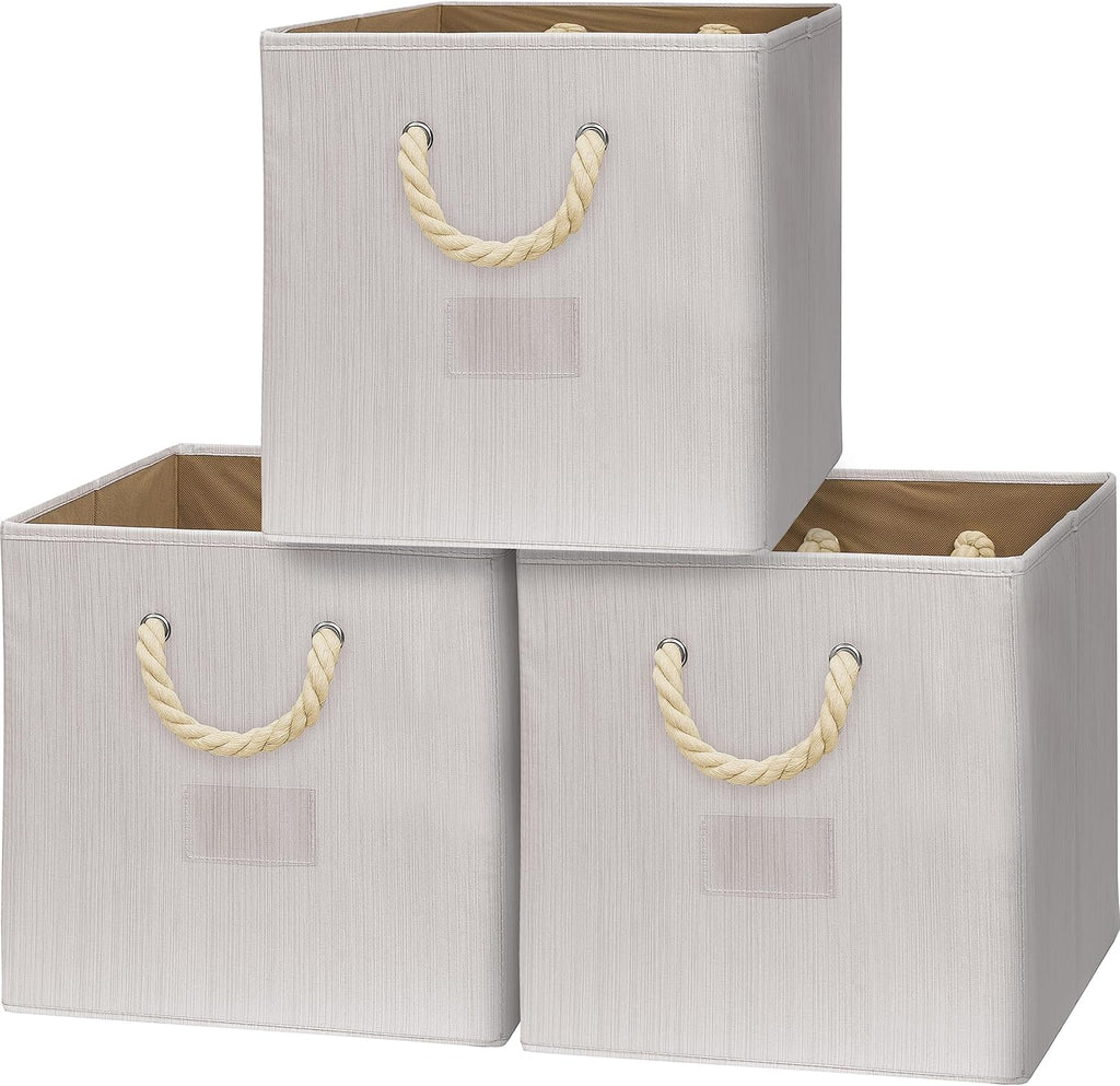 Simple Houseware 13-Inch Cube Storage Bins - Braided Handles, 3-Pack in Ivory