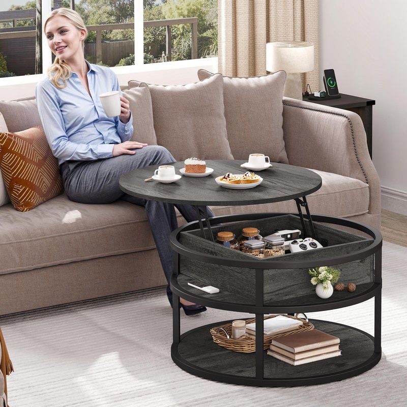 DWVO Round Coffee Tables for Living Room, Lift Top Coffee Table with Storage, Farmhouse Wood Coffee Table, Circle Small Coffee Tables Living Room for Home Decir Office, Grey