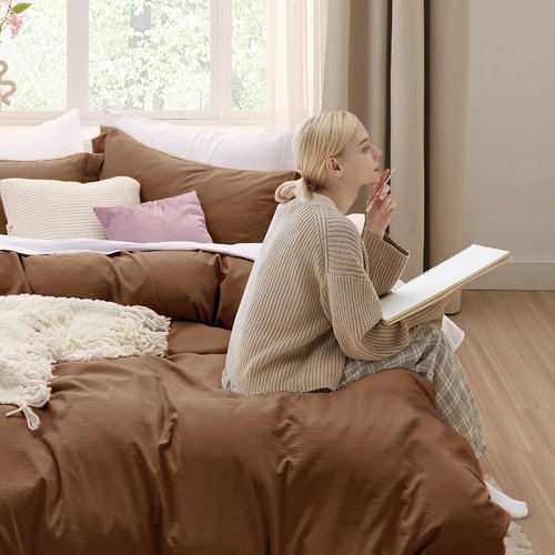 Bedsure Brown Duvet Cover Set - Extra Soft Cotton-Like Polyester, Full Size 3 Pieces, 80x90 Inches with Zipper Closure & 2 Pillow Shams