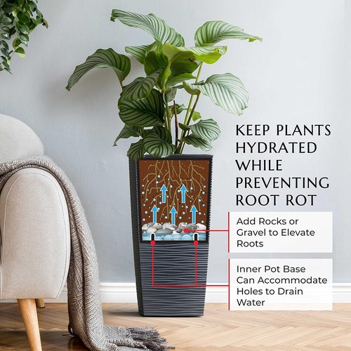 Mueller Janska Heavy Duty Tall Planter - 24” Indoor/Outdoor 2-Piece Set with Drainage | Modern Dark Gray Design