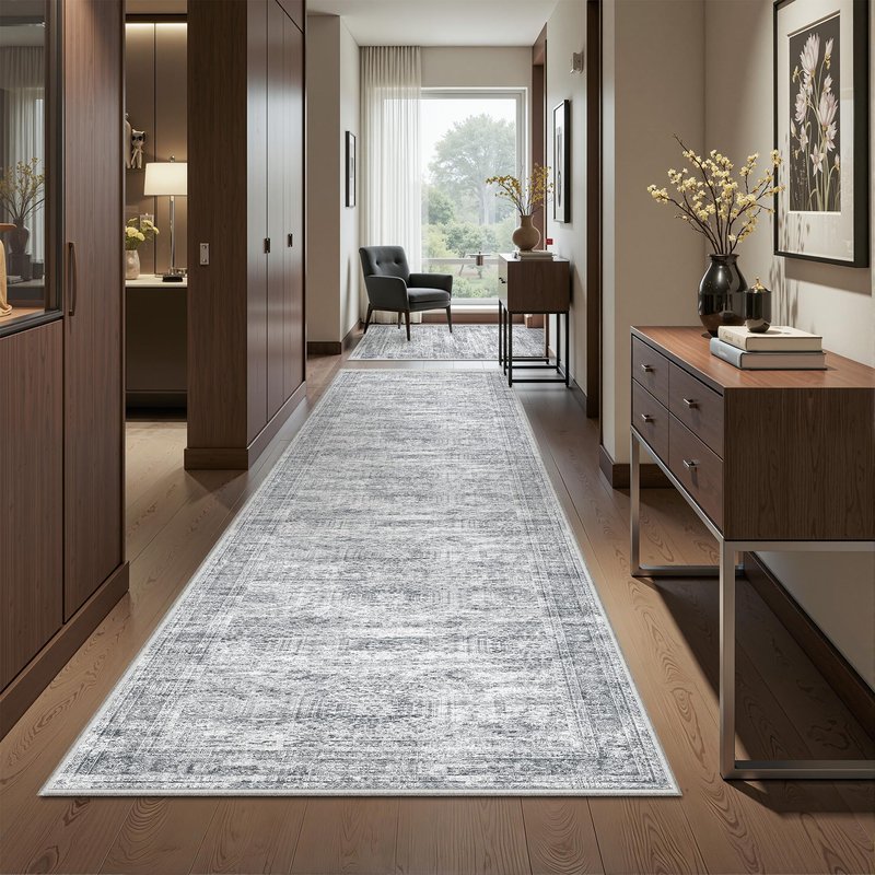Restydon Kitchen Runner Rugs Non Skid Washable - 2.5 x 10 Runner Rug with Anti Slip Backing, Ultra-Thin Soft Rug Runner for Hallway, Bedroom, Living Room (2.5'x10', Grey/Ivory)