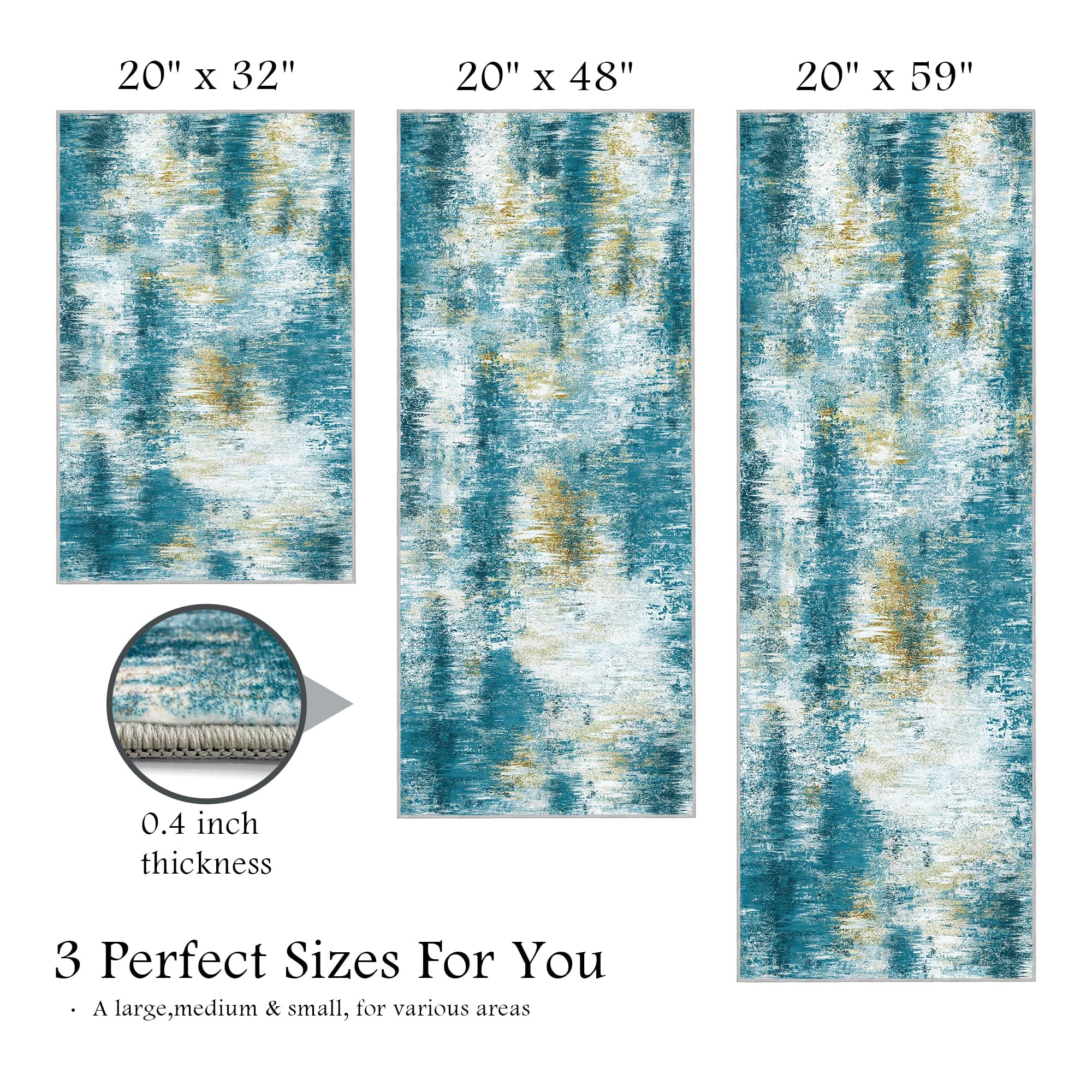 Tritard Upgrade Non Slip Kitchen Rugs Sets of 3 Washable Kitchen Mats for Floor Abstract Kitchen Runner Rug Ultra Soft Floor Mat Set Kitchen Carpet Rugs for Hallway, Laundry, Entryway, Office, Teal