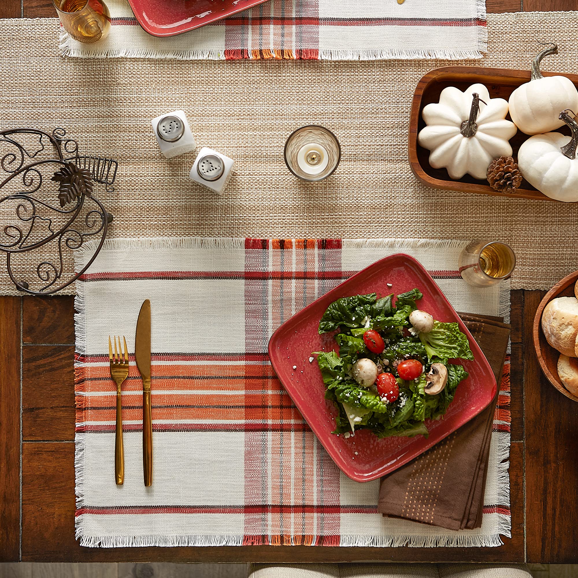 DII Thanksgiving & Fall Table Decoration Autumn Farmhouse Plaid, Placemat Set, 13x19, Pumpkin Spice Orange, 6 Count
