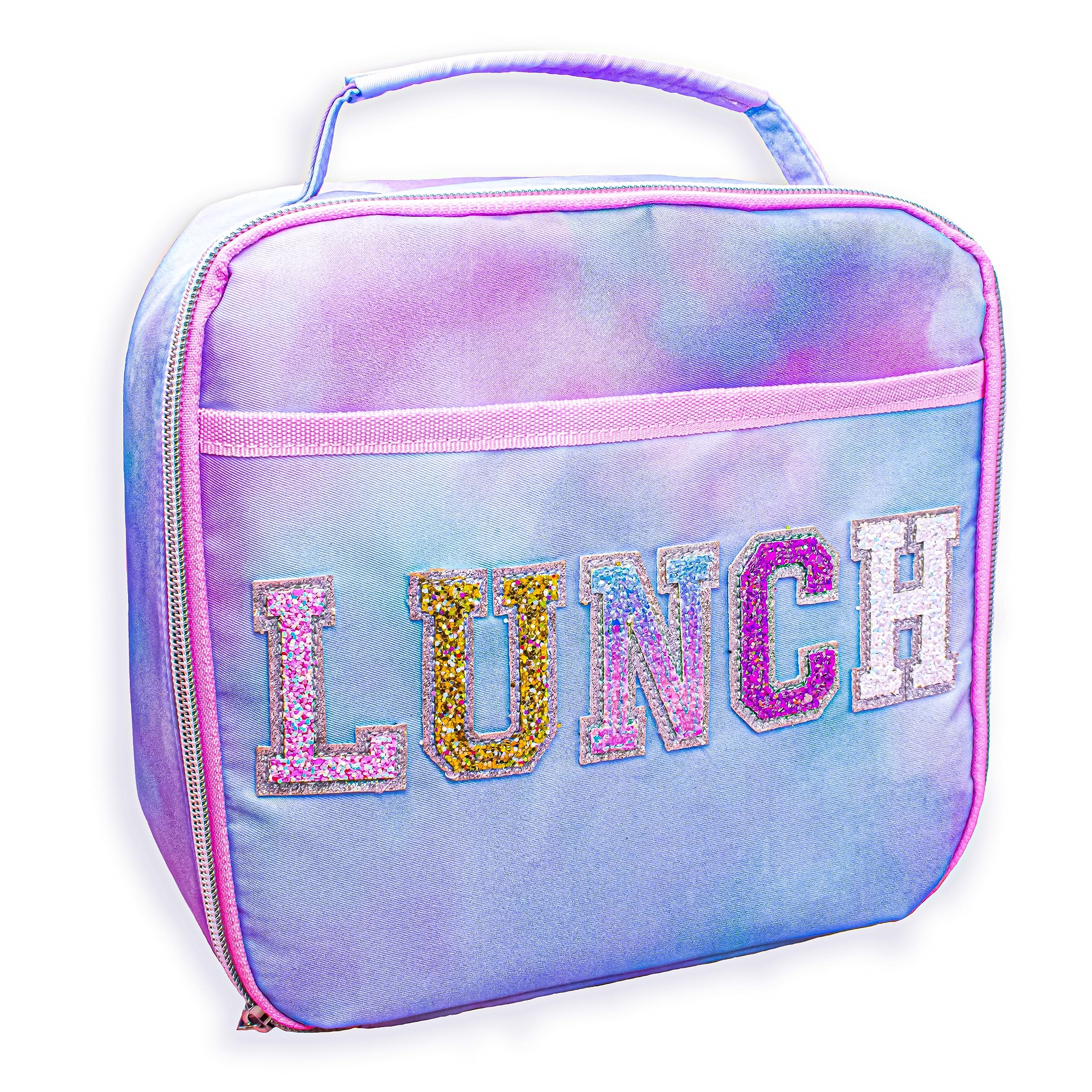 FROG SAC Kids Lunch Bag for Girls, Reusable Insulated Preppy Tie Dye Glitter Varsity Letter Patch Lunch Box for Kids, Cute Soft Back to School Tween Lunchbox, Christmas Girl Stocking Stuffers