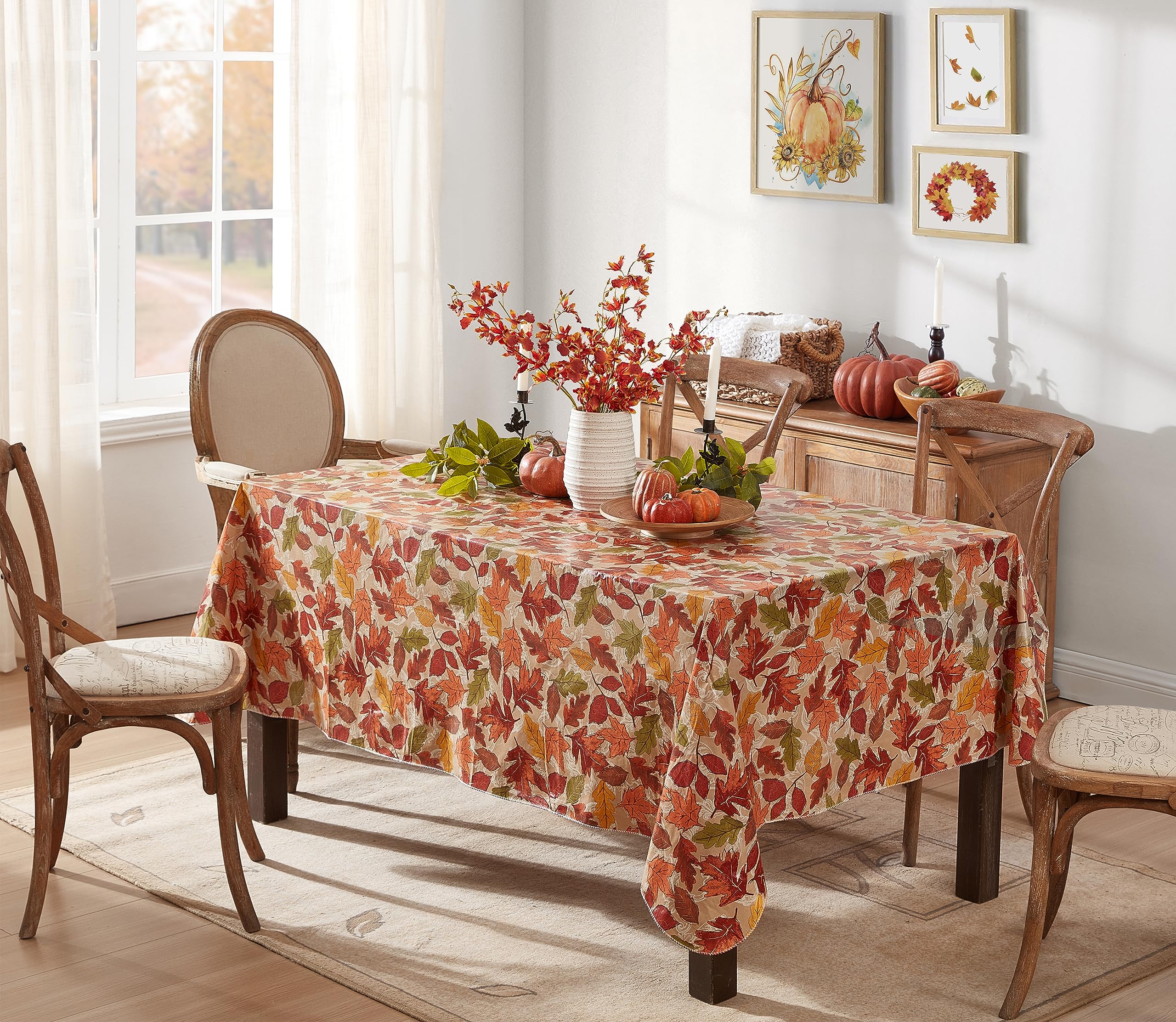 Newbridge Thanksgiving Leaves are Falling Vinyl Tablecloth with Flannel Backing Fall Season Contemporary Leaf Design, 60 x 84 Inch Rectangle Table Cover