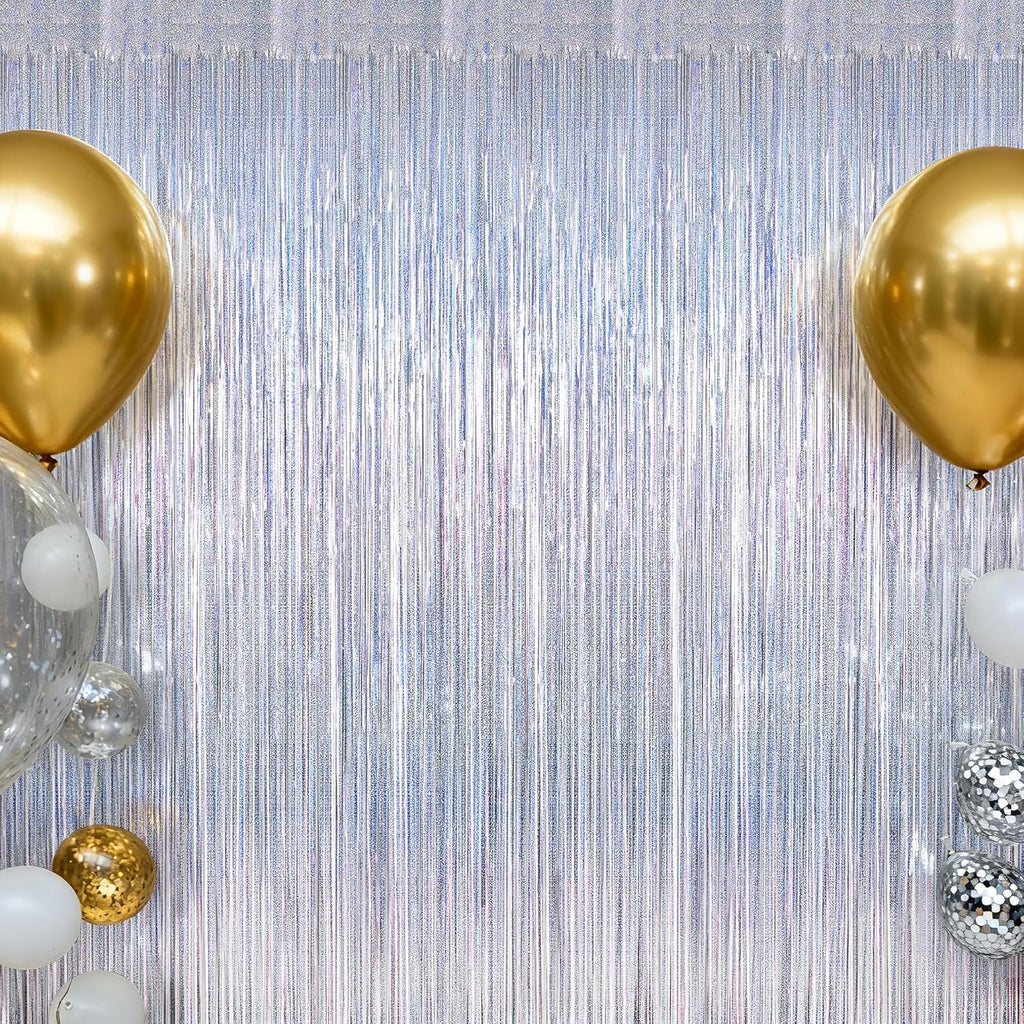 Skiennix Silver Tinsel Foil Curtain - 4 Pack Glitter Backdrop for Parties | 3.28 FT x 7.05 FT