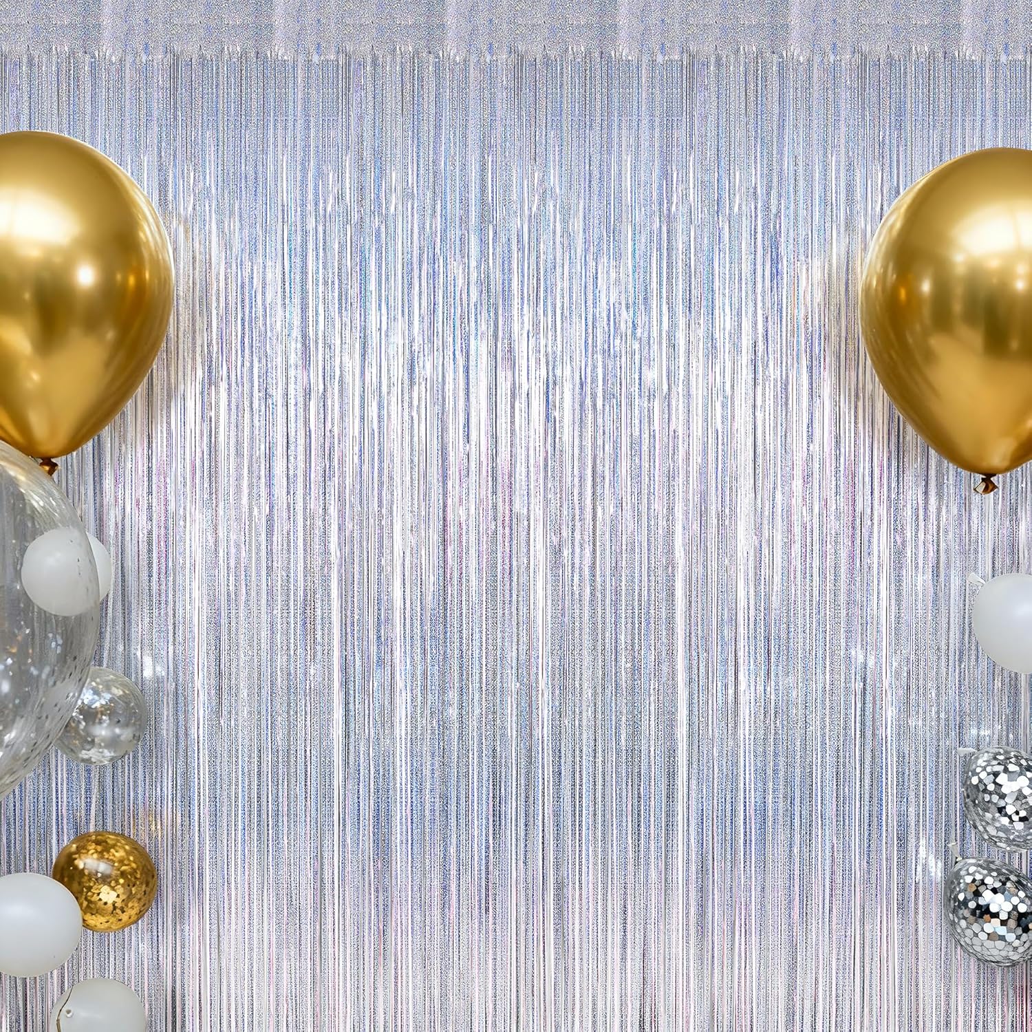 Skiennix Silver Tinsel Foil Curtain - 4 Pack Glitter Backdrop for Parties | 3.28 FT x 7.05 FT