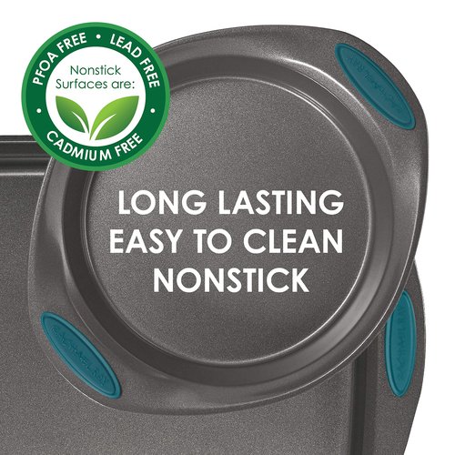 Rachael Ray Bakeware Nonstick Cookie Pan Set, 3-Piece, Gray with Marine Blue Grips & Yum-o! Bakeware Oven Lovin' Nonstick Loaf Pan, 9-Inch by 5-Inch Steel Pan, Gray with Marine Blue Handles