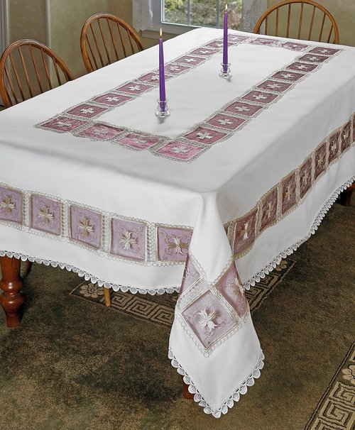 Violet Linen Emerald Roses Lace Pattern, Polyester Embroidered, Cutwork, Burgundy, 70 Inch x 105 Inch, Seats 8 to 10 people, Rectangular Tablecloths