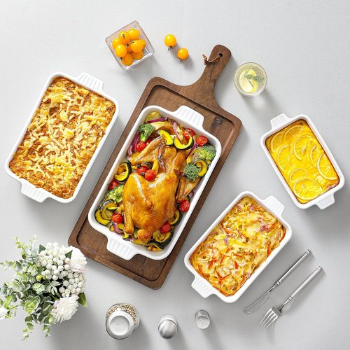 MALACASA Casserole Dishes - Porcelain Baking Set of 4 | Deep Rectangular Lasagna Pans with Handles - White