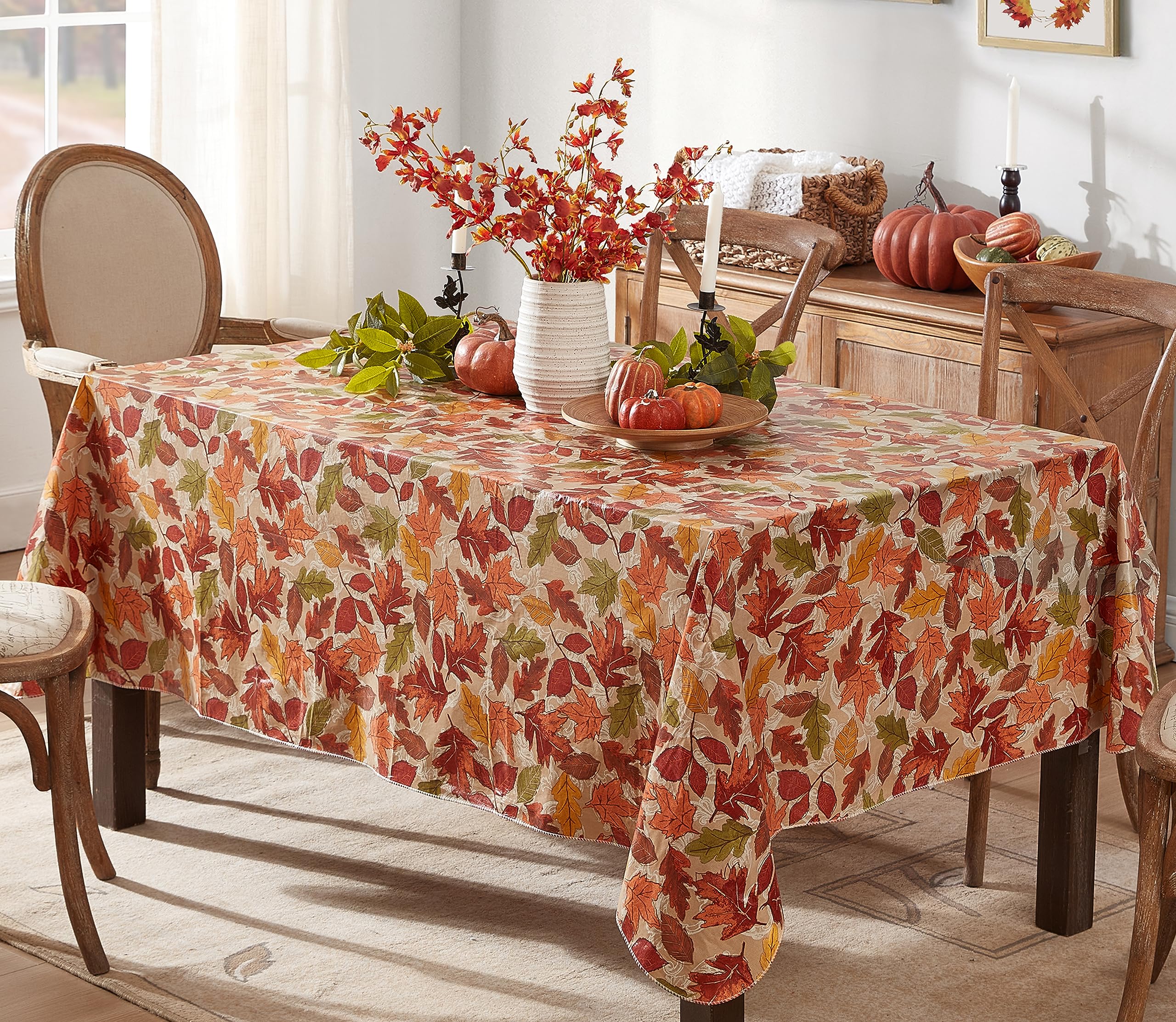 Newbridge Thanksgiving Leaves are Falling Vinyl Tablecloth with Flannel Backing Fall Season Contemporary Leaf Design, 60 x 84 Inch Rectangle Table Cover