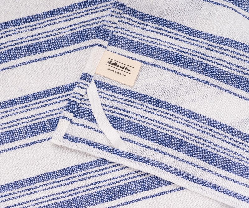 Linen Kitchen Towels, 100% Pure Linen Hand Towel (18 x 28 inches), French Striped Dish Towels for Kitchen, Farmhouse-Style Tea Towel for Washing Dishes, Striped Blue Towel Set of 2