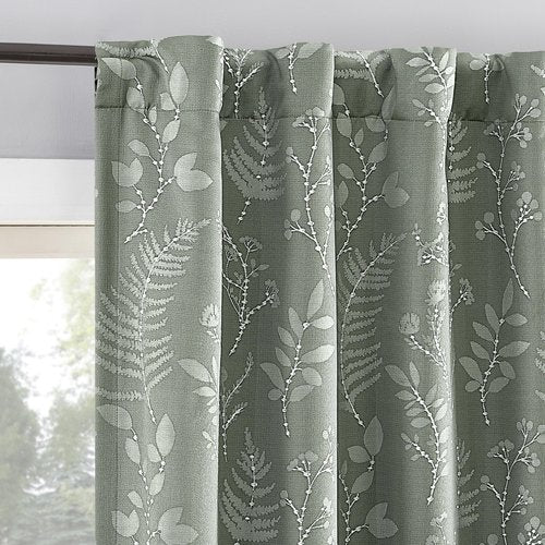 Sun Zero Ambridge 2-Pack Embroidered Botanical Leaf Pleated Look 100% Blackout Back Tab Curtain Panel Pair, 50" x 84", Sage Green