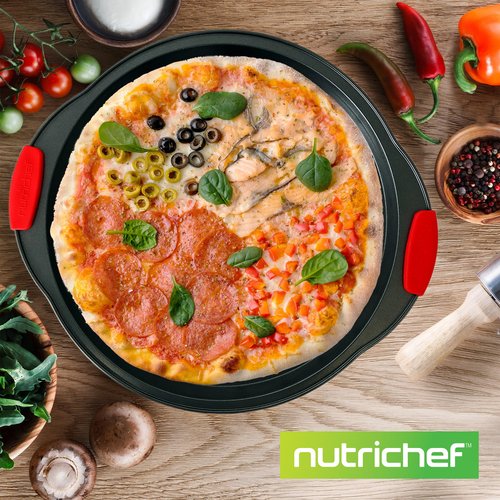 Nutrichef Non-Stick Pizza Tray with Silicone Handles, 6-Pack Round Steel Non-Stick Pans with Perforated Holes, Premium Bakeware, Pizza Trays with Silicone and Oversized Handles, Dishwasher Safe