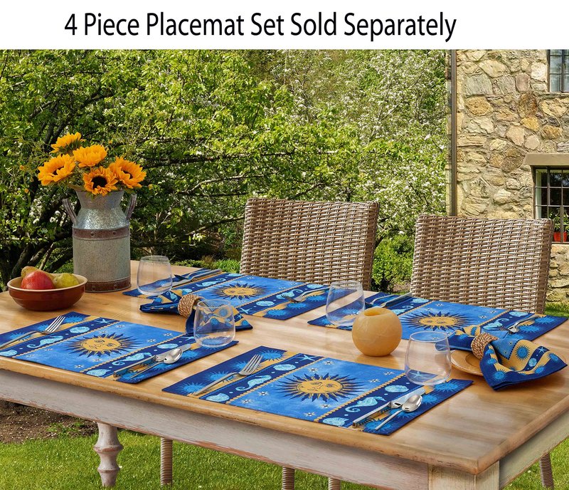 Home Bargains Plus 60 x 84 Inch Oval Blue Sun Mediterranean Fabric Tablecloth, Coastal Medallion Border Design, Wrinkle Water and Stain Resistant Indoor Outdoor Table Cover
