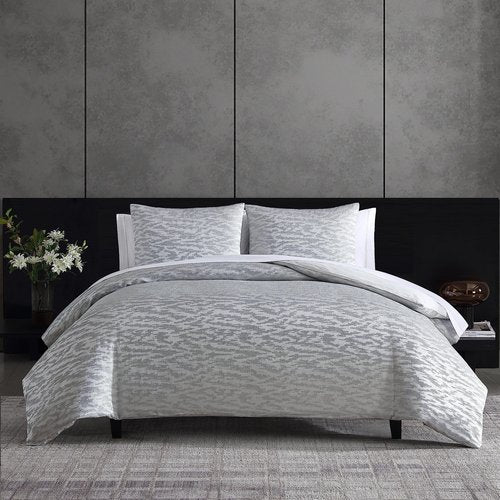 Vera Wang - Queen Duvet Cover Set, Soft Cotton Bedding with Matching Pillowcases, Button Closure & Inner Corner Ties, 3 Piece Bed Set (Illusion Grey)