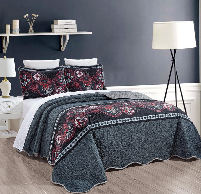 Grand Linen 3-Piece California Cal King Size Wave Edged Oversized Quilt Set 118" X 95" All-Season Large Bedspread Pillow Shams Lightweight Soft Coverlet White Red Grey Gold Colors Boho Paisley Pattern