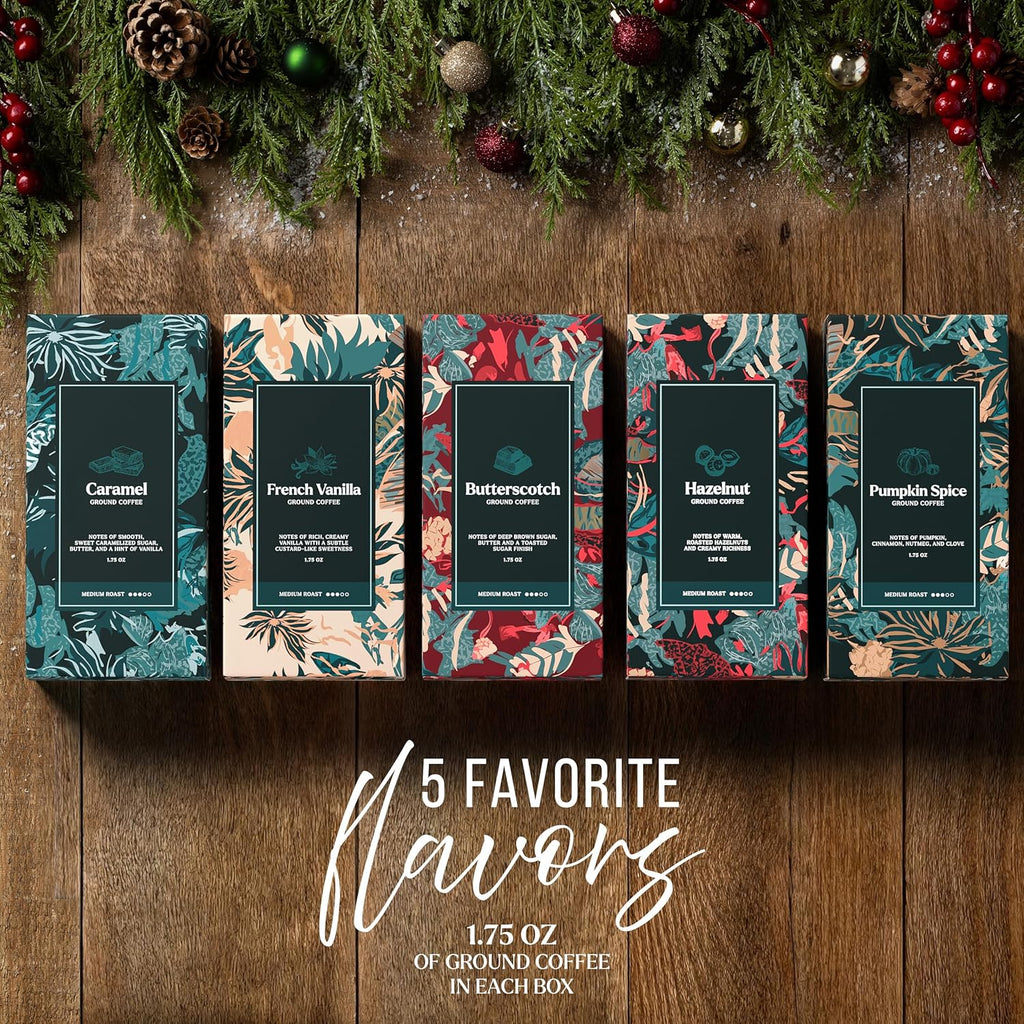 Skiennix Coffee Gift Set - 5 Gourmet Ground Coffee Flavors with Mug - Perfect Unique Christmas Gift