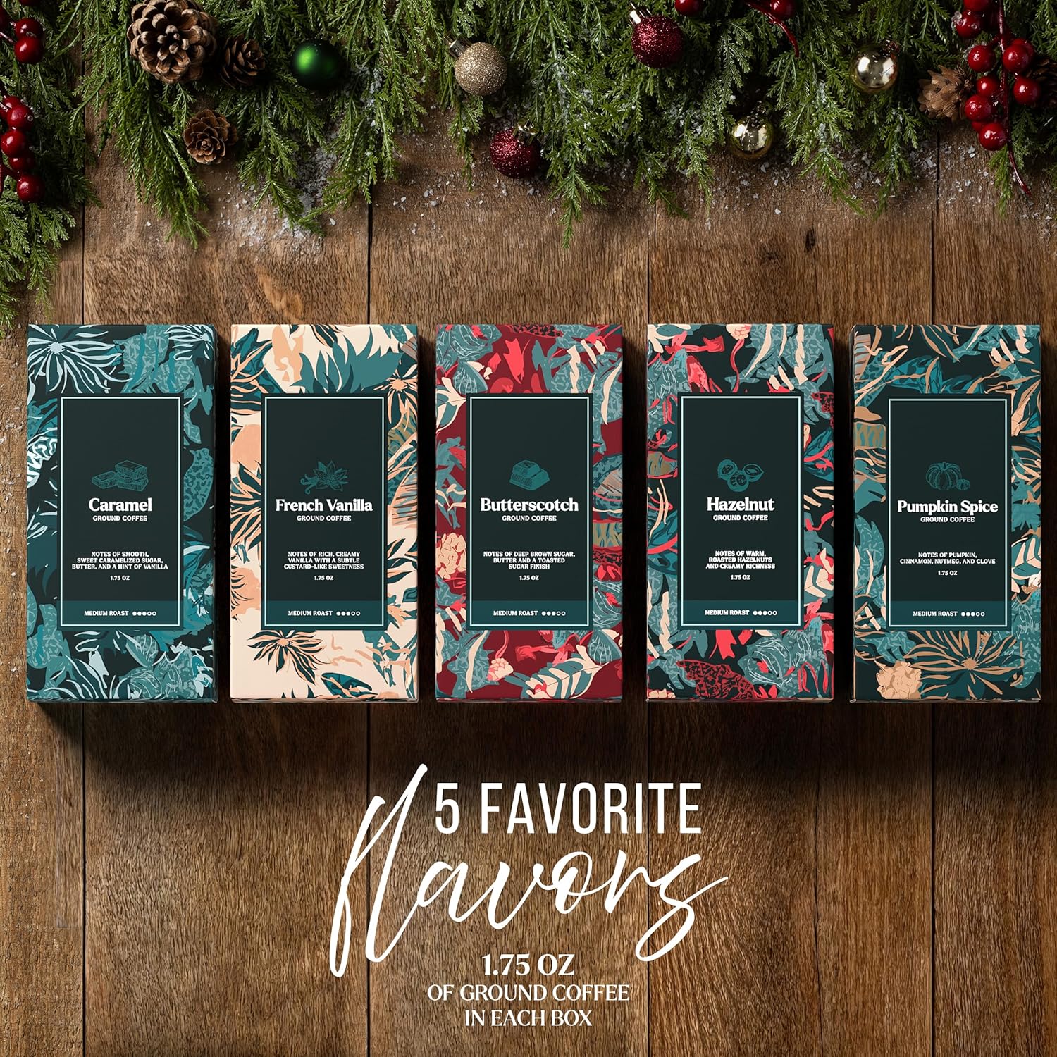 Skiennix Coffee Gift Set - 5 Gourmet Ground Coffee Flavors with Mug - Perfect Unique Christmas Gift