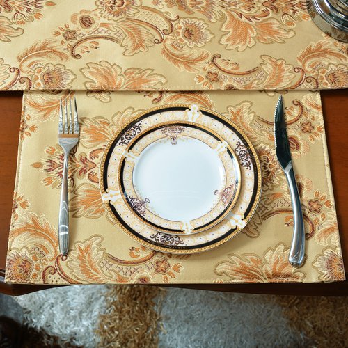 NYSMXF Luxury Dinner Table Runner and Placemats Set of 6, Gold Farmhouse Boho Fabric Cloth Place Mats, Perfect for Dining Room Decor, Washable Indoor Decoration((Gold, 6 Piece 13×18 Placements)